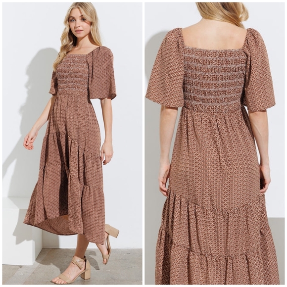 FEW LEFT ! POLAGRAM Chic Rusted Brown Short Bell Sleeves Maxi Dress - Picture 4 of 6